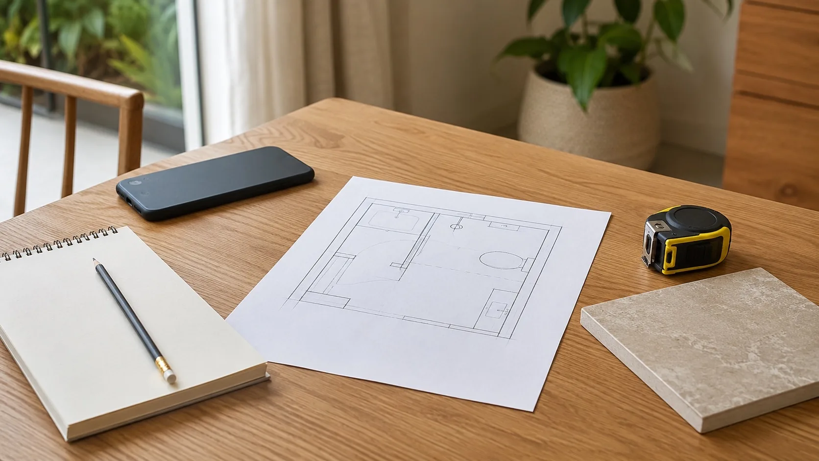 Accessible bathroom enquiry planning with notes, phone and bathroom layout sketch