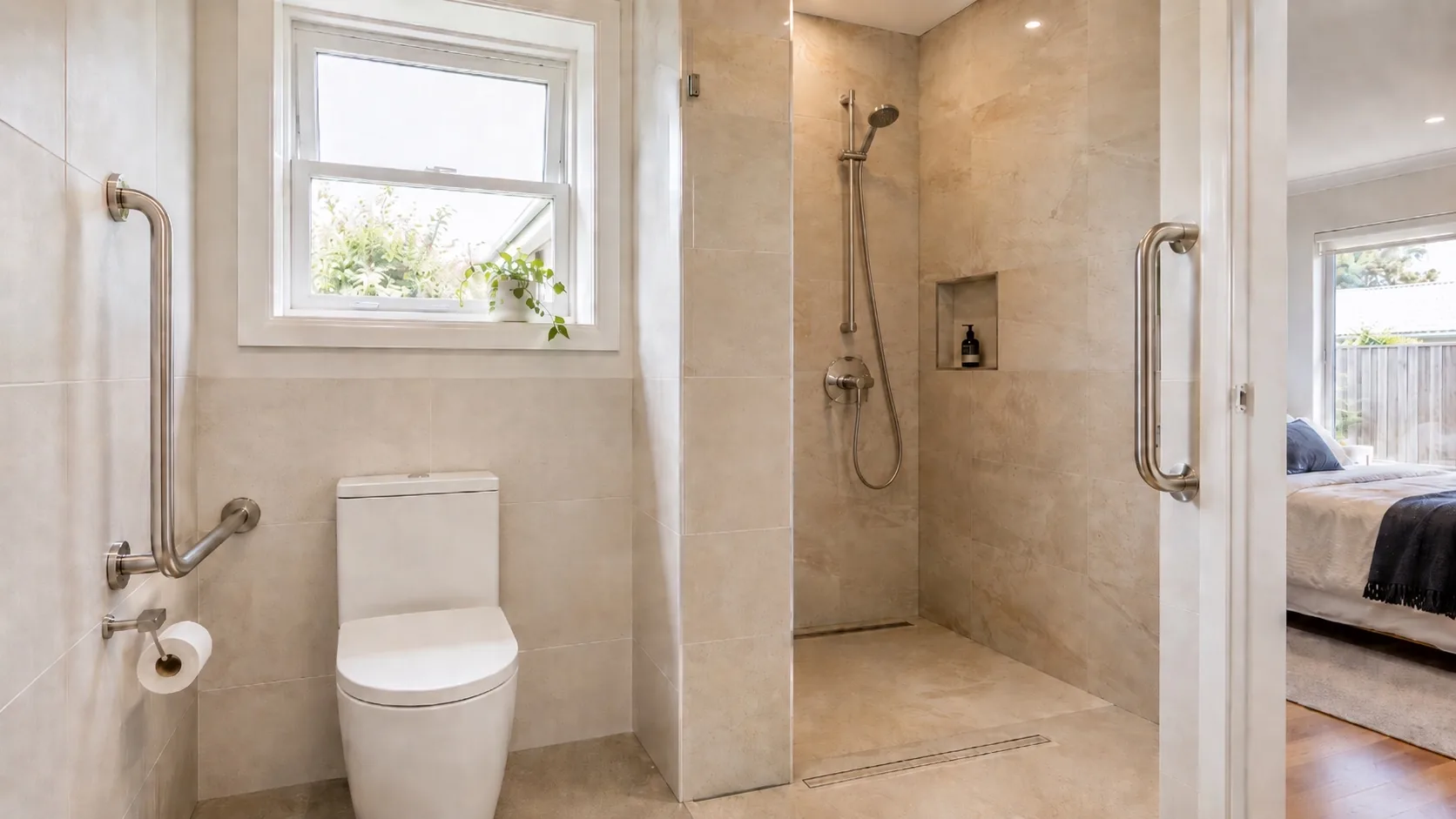 Bathroom grab rails installed beside a toilet and shower for safer transfer support