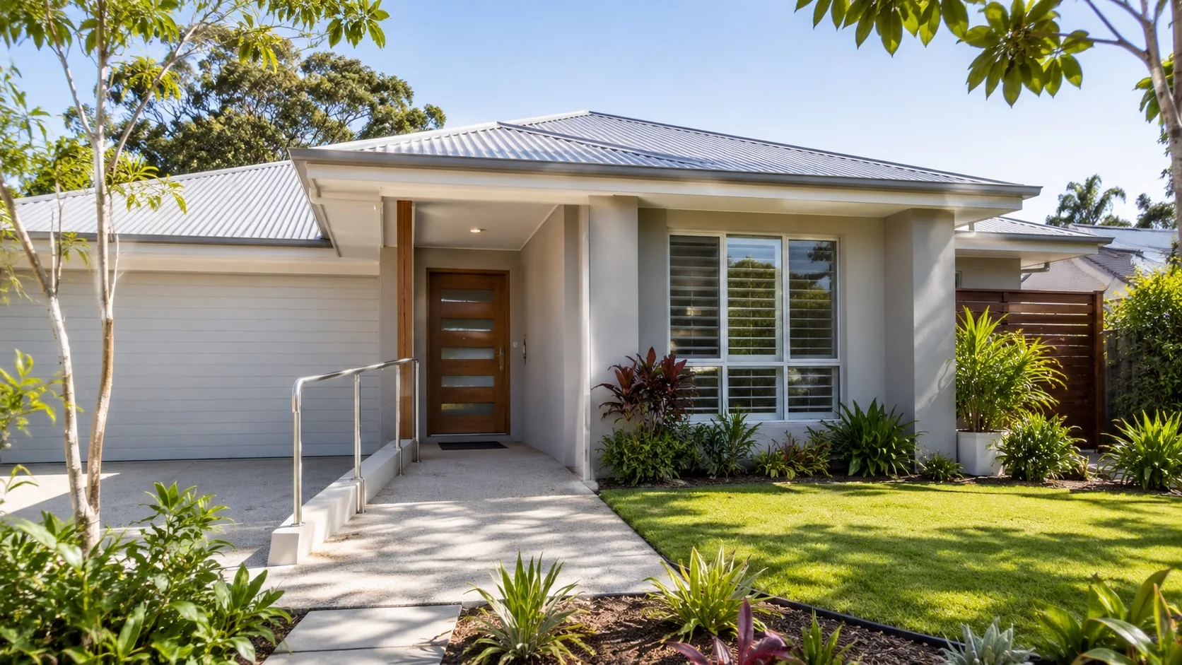Brisbane home exterior with accessible entry ramp and landscaped garden