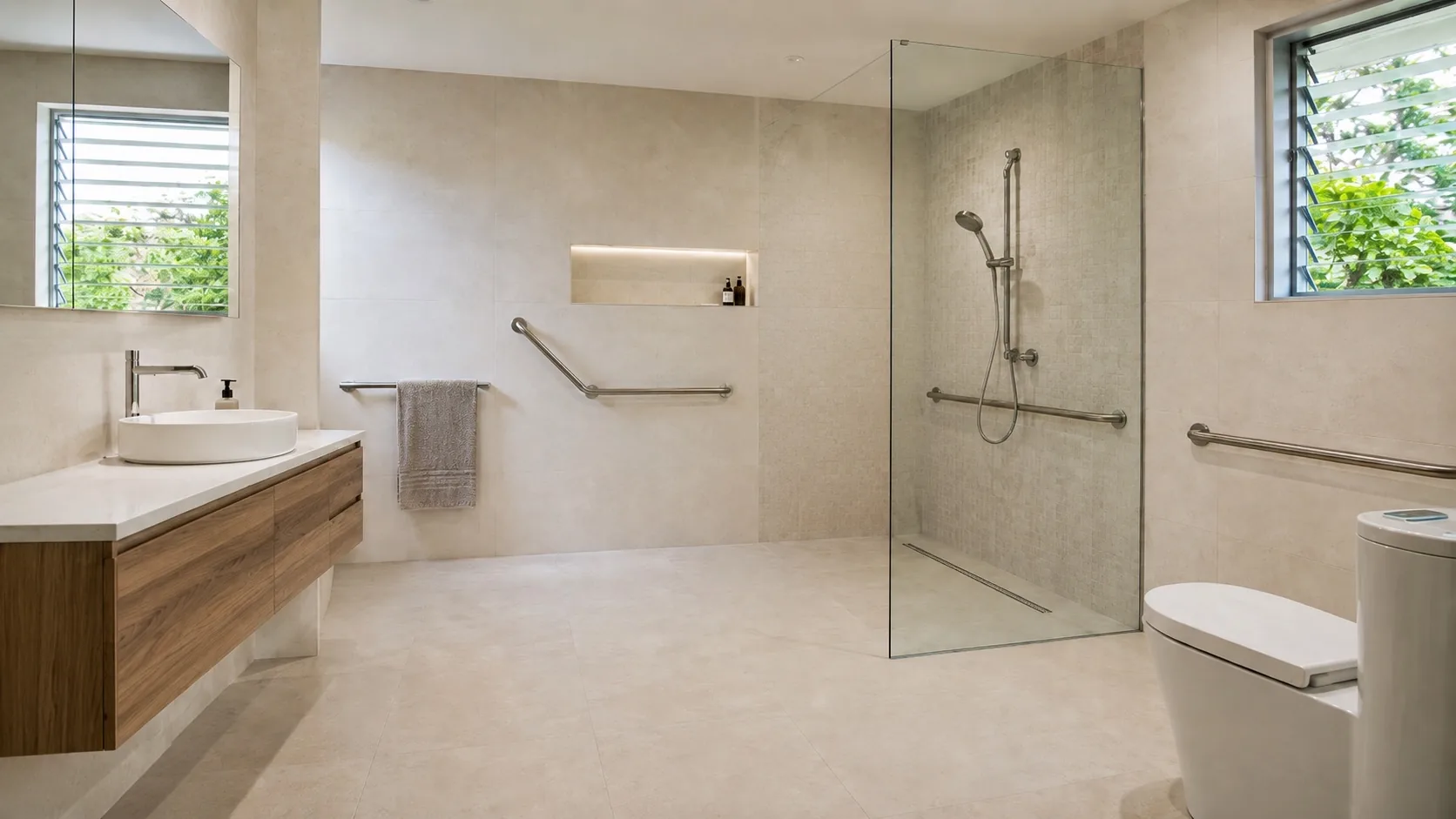 Accessible disability bathroom renovation with open shower, grab rails and practical vanity access