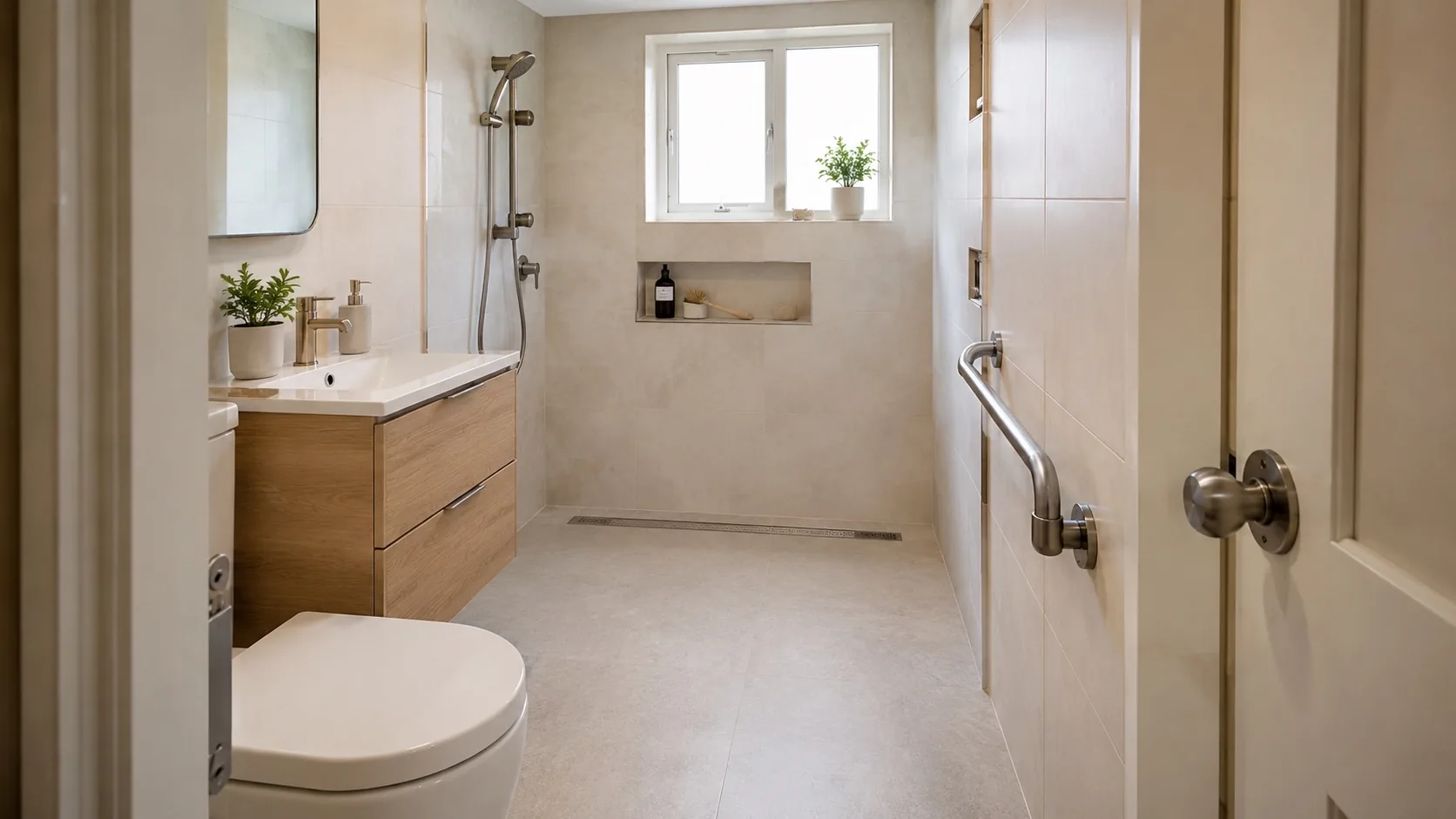 Level-entry wet room bathroom renovation with non-slip floor tiles and open shower access