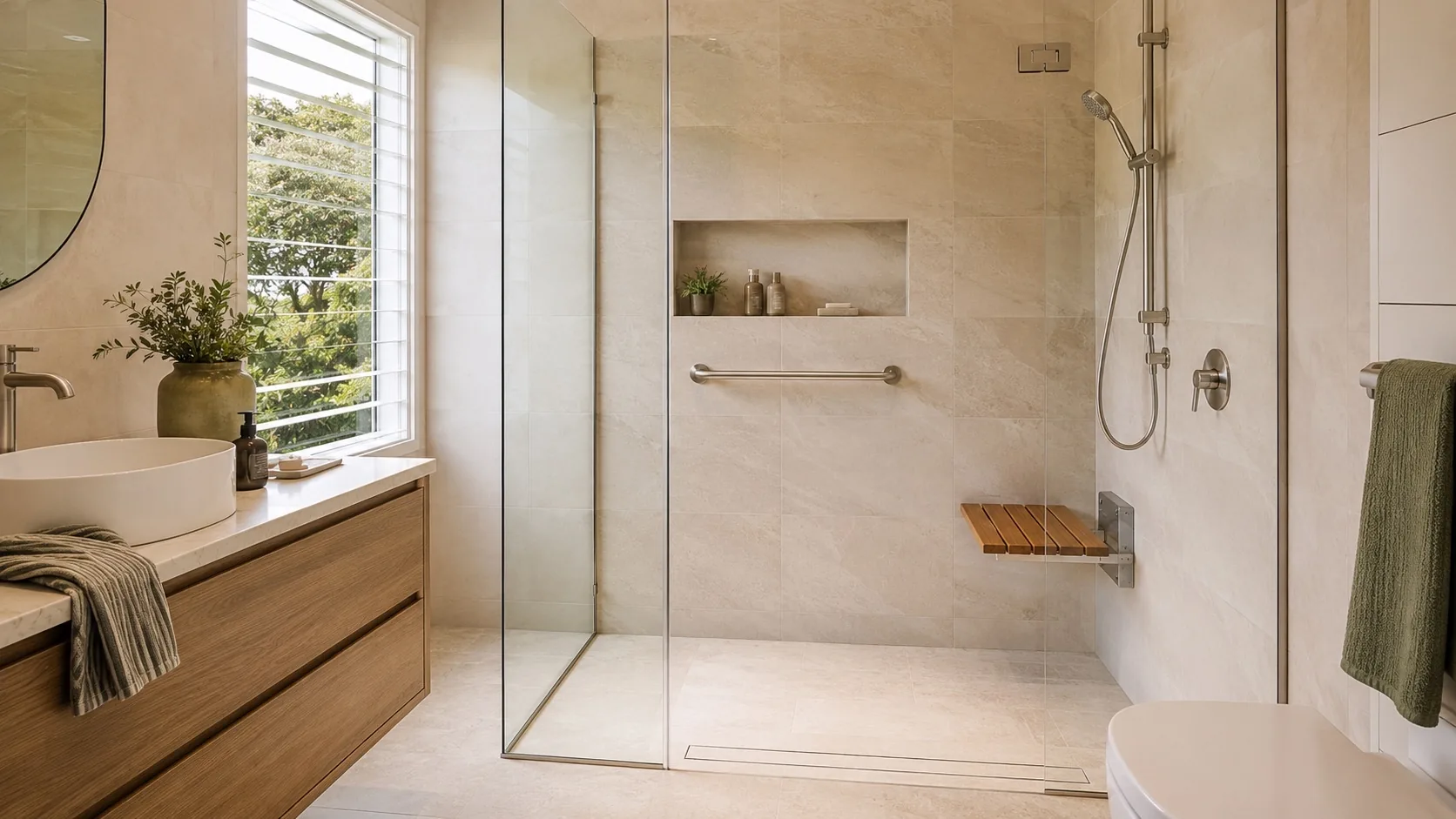 Walk-in shower designed for safer ageing in place with seat and handheld shower