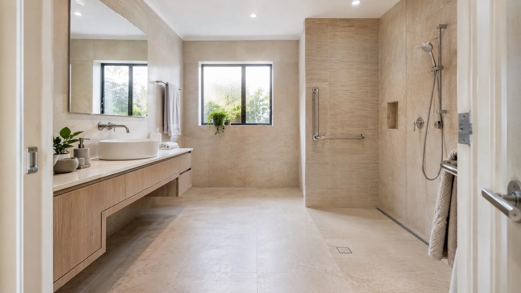 Wheelchair-accessible bathroom layout with wide doorway and clear turning space